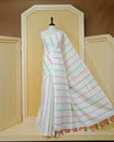 Cream Colour Cotton Kerala Saree Featuring Pink, Green and Lavender Stripes Across the Body, Complemented by a Matching Striped Pallu, Multicolour Tassels, and a Matching Blouse Piece.
