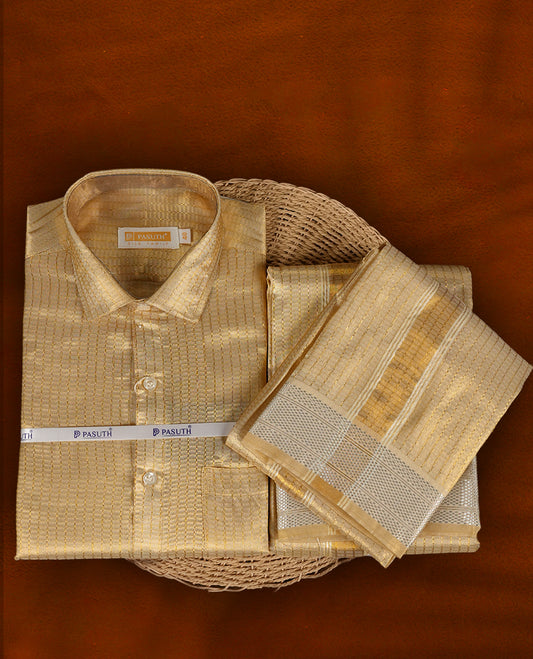 Elegant Gold  shirt & dhoti set by PASUTHI with rich zari weave and elegant shin, Ideal for weddings, functions & festive gifting & Includes towel, vibhuti & attar in a premium gift box.