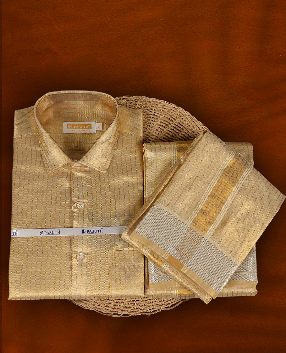Elegant Gold  shirt & dhoti set by PASUTHI with rich zari weave and elegant shin, Ideal for weddings, functions & festive gifting & Includes towel, vibhuti & attar in a premium gift box.