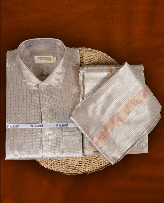 Elegant Silver Copper shirt & dhoti set by PASUTHI with subtle zari accents, Perfect for festive occasions, weddings & gifting. Includes towel, attar & vibhuti in a luxurious box.
