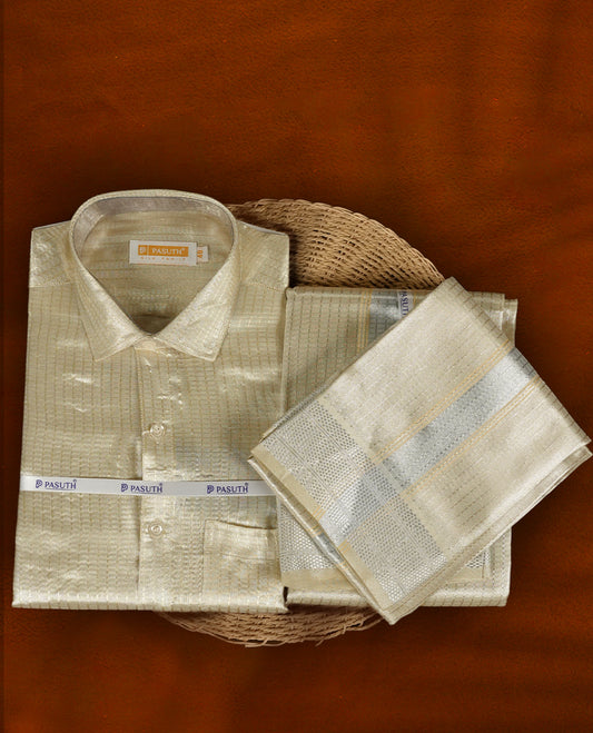 Elegant Silver Gold shirt & dhoti set by PASUTHI, crafted with rich silk blend fabric and zari detailing, Perfect for weddings, poojas & gifting. Comes with towel, attar & vibhuti in a premium gift box.