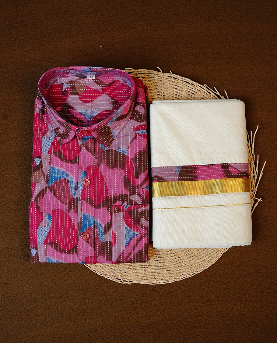Purple Colour Wave Printed Full Sleeve shirt With Cotton Double Dhoti having Matching Prints