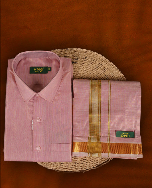 Elegant pastel pink shirt & dhoti set by HMG, adorned with rich gold zari borders & Perfect for weddings, festive occasions & gifting.
