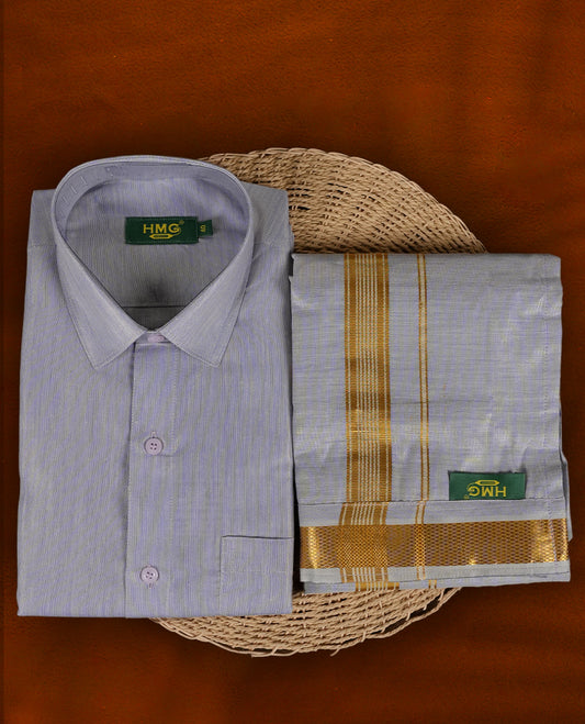 Lilac colour shirt & dhoti set by HMG, paired with rich gold zari border for a refined traditional look, Perfect for weddings, poojas & gifting.