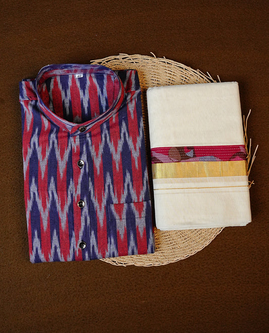 Blue & Brown Colour Full-Sleeve Kurta  with Digital Prints, Paired with a Cotton Double Dhoti Featuring Matching Prints.