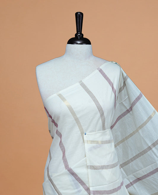 Cream Colour Cotton Kerala Saree Featuring  Gray  & Light Maroon On The Body & Pallu, Paired With A Matching Blouse Piece.