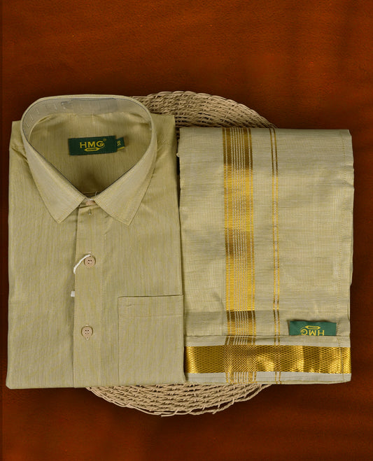 Dark gold colour shirt & dhoti set by HMG, crafted with elegant gold zari borders & Ideal for weddings, festive wear & gifting.