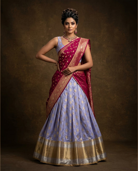 Lavender colour featuring lavender colour skirt highlighting gold zari motifs & border, contrast maroon dupatta, with matching stitched blouse.