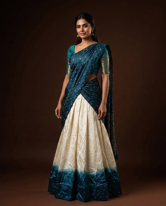 Off White colour half saree material featuring delicate zari buttas on the blouse and skirt, paired with a contrast Teal zari border and matching zari motifs dupatta