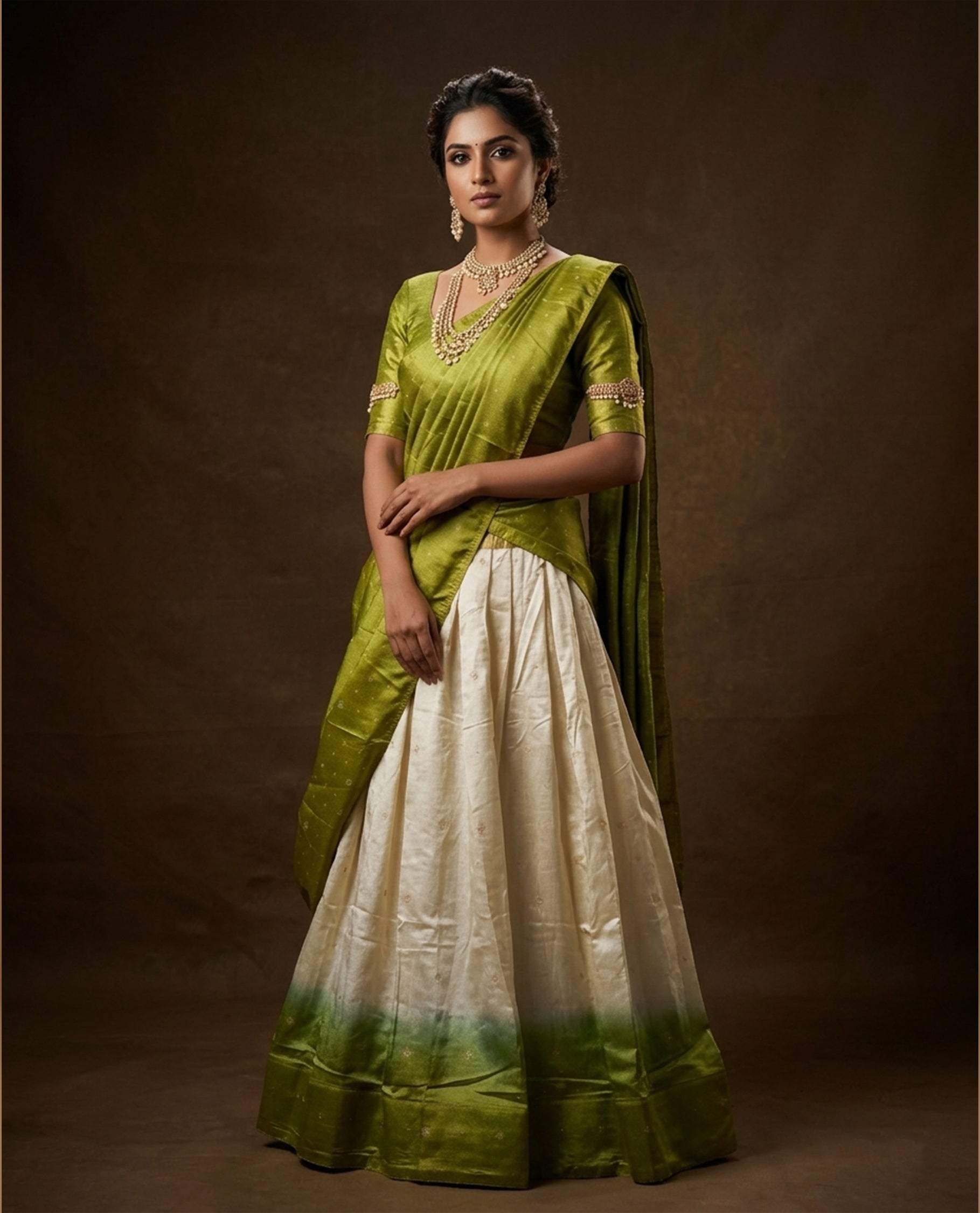 Off white colour semi stitched half saree featuring elegant zari buttas on the body, paired with a contrast pastel green border and matching striped dupatta,paired with matching blouse piece.