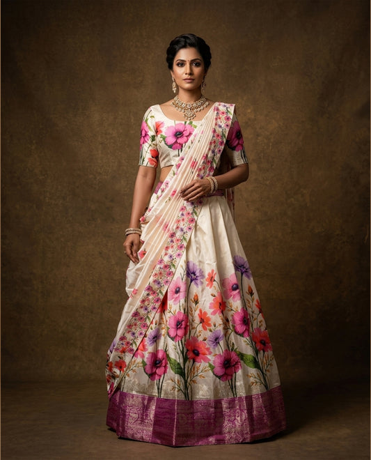 Off white colour semi stitched half saree featuring elegant Magenta colour floral prints, paired with a contrast Magenta with traditonal zari border and matching printed dupatta ,paired with matching blouse piece.