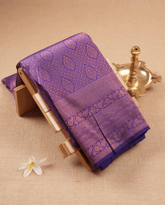 Dark Indigo Kancheepuram Silk Brocade Saree having Brocade Body with Self Coloured Brocade Border and Blouse