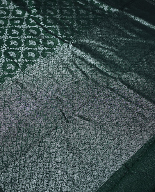 Bottle Green Colour Semi Banarasi Saree having Silver Jaal Worked Body and Blouse without Border 