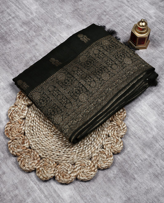 Pure Black Colour Semi Banarasi Saree having Flower Thread Work in Body with Border and Blouse 