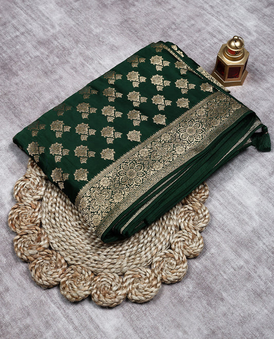 Dark Green Colour Semi Banarasi Saree having Heavy Buttas in Body with Traditional Border and Blouse 