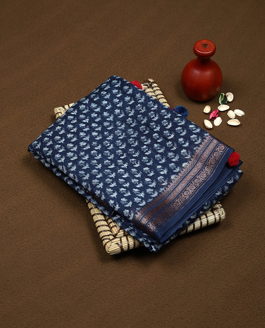 Dark Blue Colour Maheshwari Saree having Light Colour Prints in Body with Border and Self Coloured Blouse