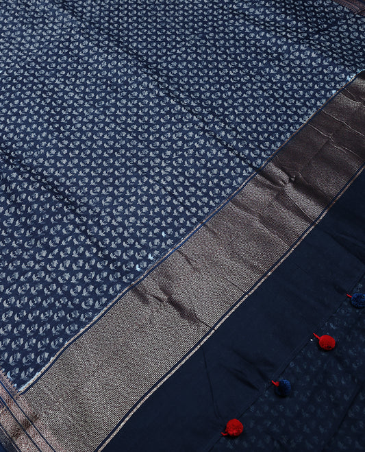 Dark Blue Colour Maheshwari Saree having Light Colour Prints in Body with Border and Self Coloured Blouse