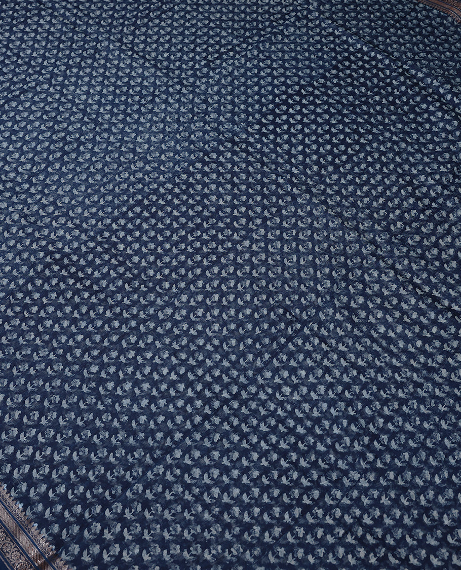 Dark Blue Colour Maheshwari Saree having Light Colour Prints in Body with Border and Self Coloured Blouse