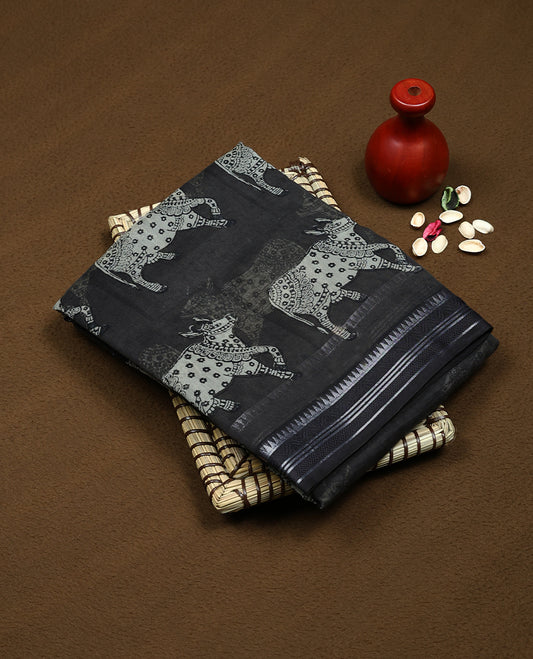 Black Colour Maheshwari Saree having Prints in Entire Body with Border and  Self Coloured Blouse