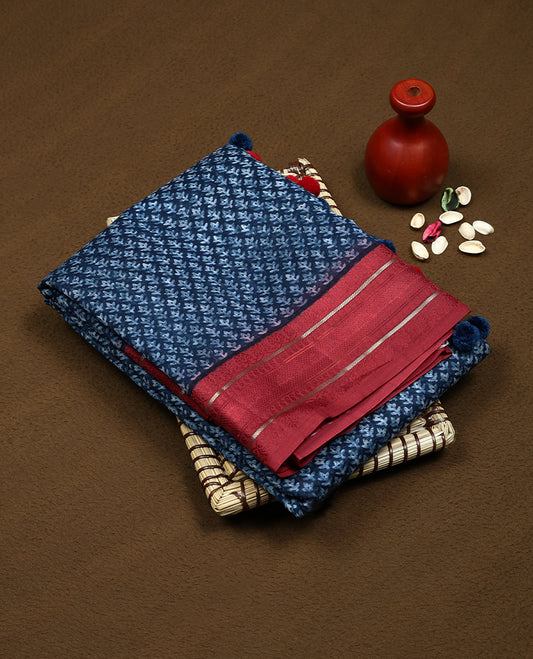 Dark Blue Colour Maheshwari Saree having Small Prints in Entire Body with Contrast Colour Border and Blouse