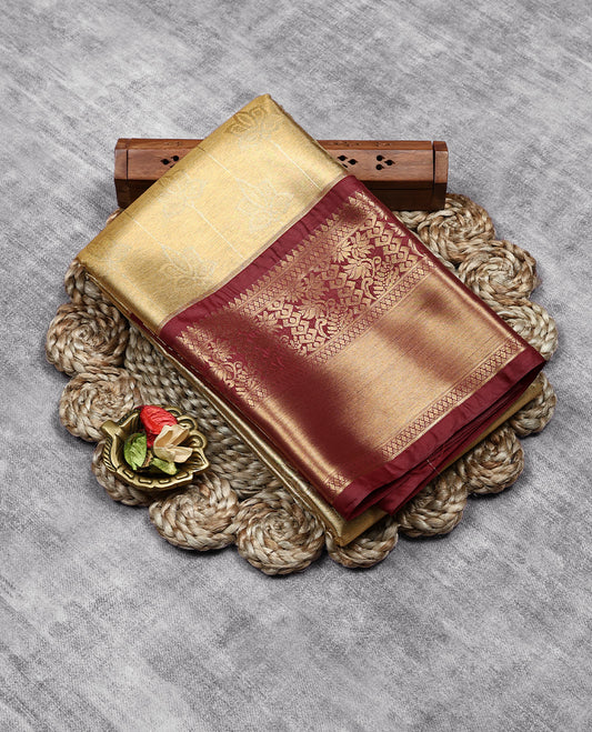 Golden Colour Art Tissue Saree having Flower Work in Body with Maroon Colour Border and Blouse