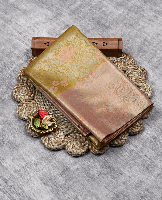 Golden Colour Art Tissue Saree having Flower Thread Work in Body with Contrast Border and Blouse