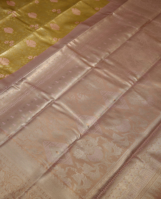 Golden Colour Art Tissue Saree having Flower Thread Work in Body with Contrast Border and Blouse