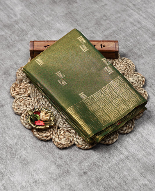  Green Colour Art Tissue Saree having Golden Thread Buttas in Body with Golden Border and Contrast Colour Blouse
