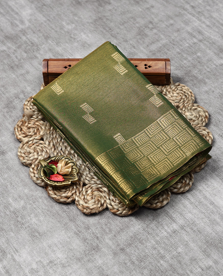  Green Colour Art Tissue Saree having Golden Thread Buttas in Body with Golden Border and Contrast Colour Blouse