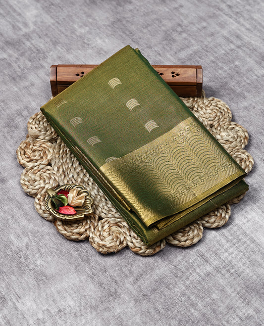  Green Colour Art Tissue Saree having Golden Buttas in Body with Golden Border and Contrast Colour Blouse