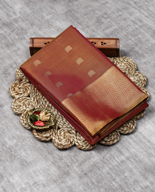 Red Colour Art Tissue Saree having Golden Buttas in Body with Golden Border and Contrast Colour Blouse