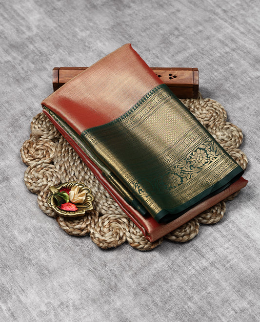 Red Colour Art Tissue Saree having Plain Body with Dark Green Colour Border and Blouse