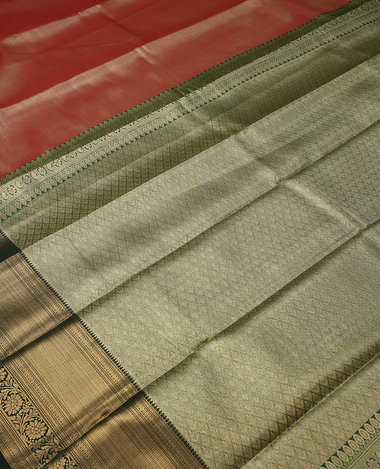 Red Colour Art Tissue Saree having Plain Body with Dark Green Colour Border and Blouse