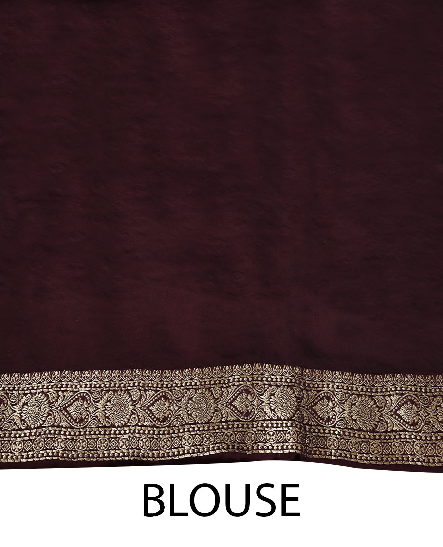 Chocolate Colour Semi Crepe Banaras Saree having Golden Buttas in Body with Traditional Border and Self Coloured Blouse