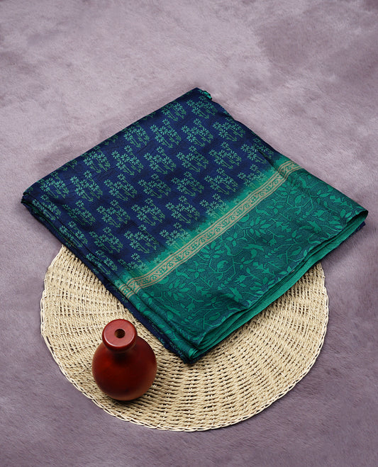 Navy Blue Colour Manipuri Saree having Flower Prints in Entire Body with Contrast Printed Border and Blouse 