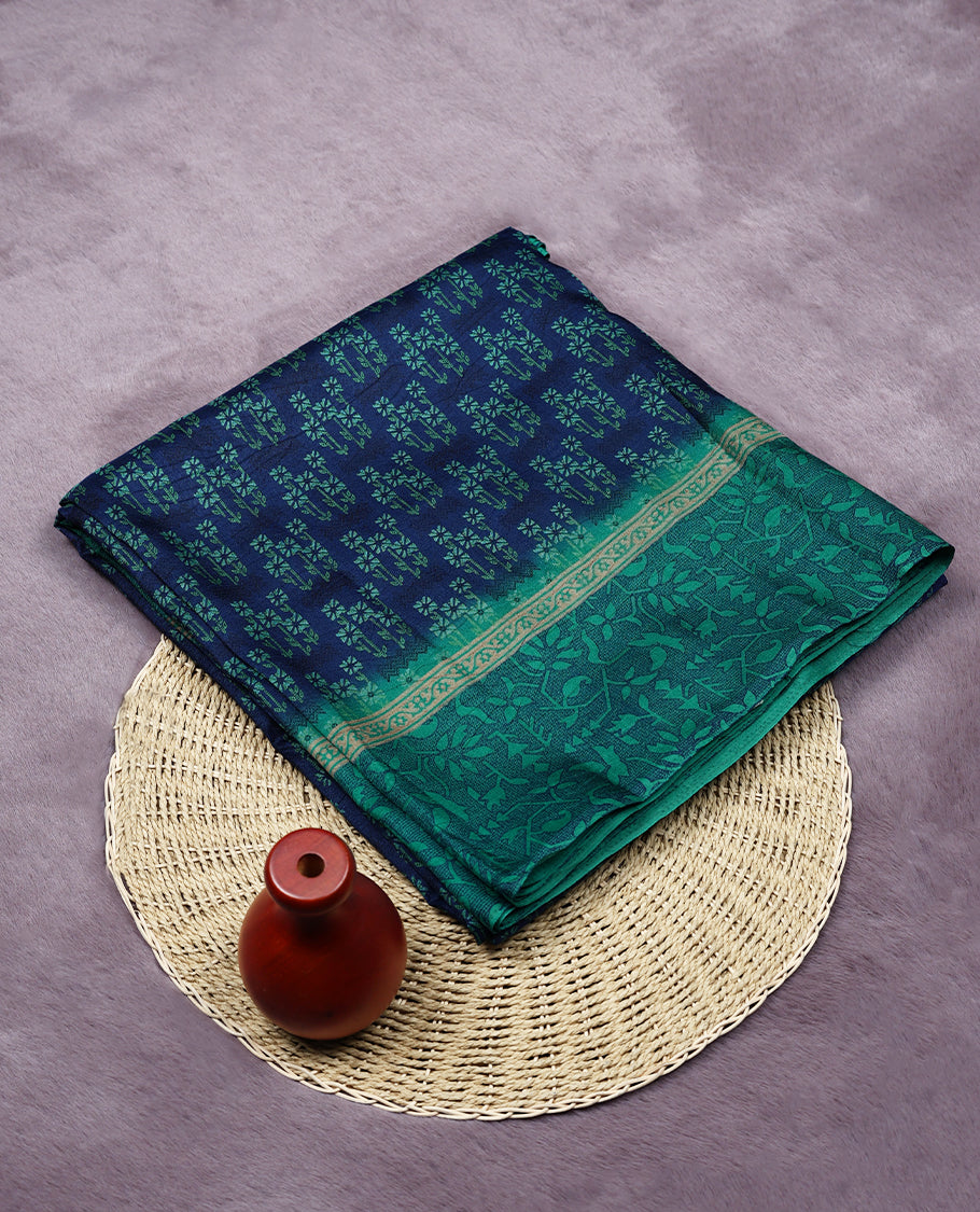 Navy Blue Colour Manipuri Saree having Flower Prints in Entire Body with Contrast Printed Border and Blouse 