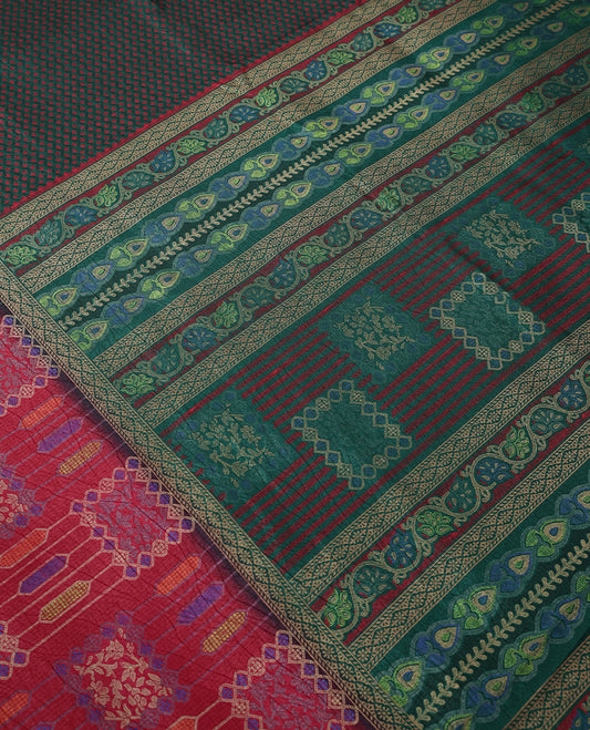 Dark Green Colour Manipuri Saree having Tiny Prints in Entire Body with Contrast Printed Border and Blouse 