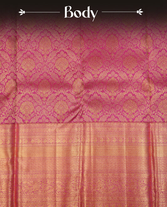 Magenta Colour Pure Kancheepuram Silk Saree Featuring Gold Zari Floral Kodi Pattern on the Body, Highlighting a Traditional Gold Zari Border, Paired with a Matching Blouse Piece.
