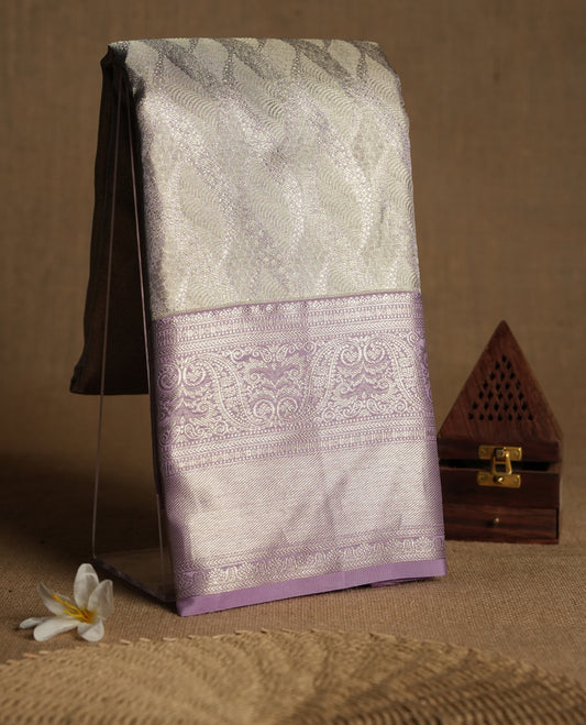 Light Lavender Colour Tissue Kancheepuram Wedding Silk Saree having Silver Zari Worked Body and Border with Blouse