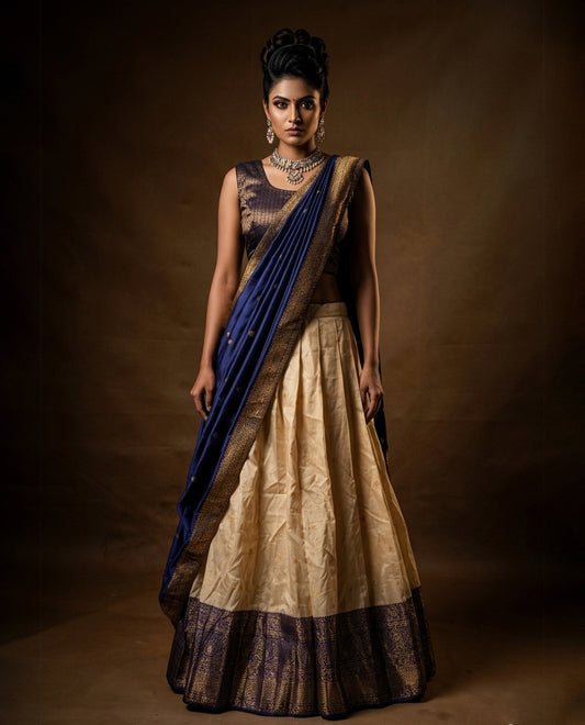 Gold and blue colour Half saree featuring gold colour skirt with contrast blue colour border with gold zari pattern, paired with matching dupatta and stitched blouse piece.
