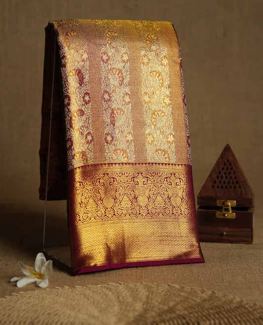 Golden Colour Kancheepuram Tissue Silk Saree having Contrast Zari Worked Body with Contrast Border and  Blouse