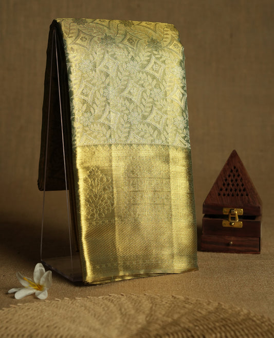 Light Golden Colour Kancheepuram Tissue Silk Saree having Self Coloured Zari Worked Body with Brocade Border and  Blouse