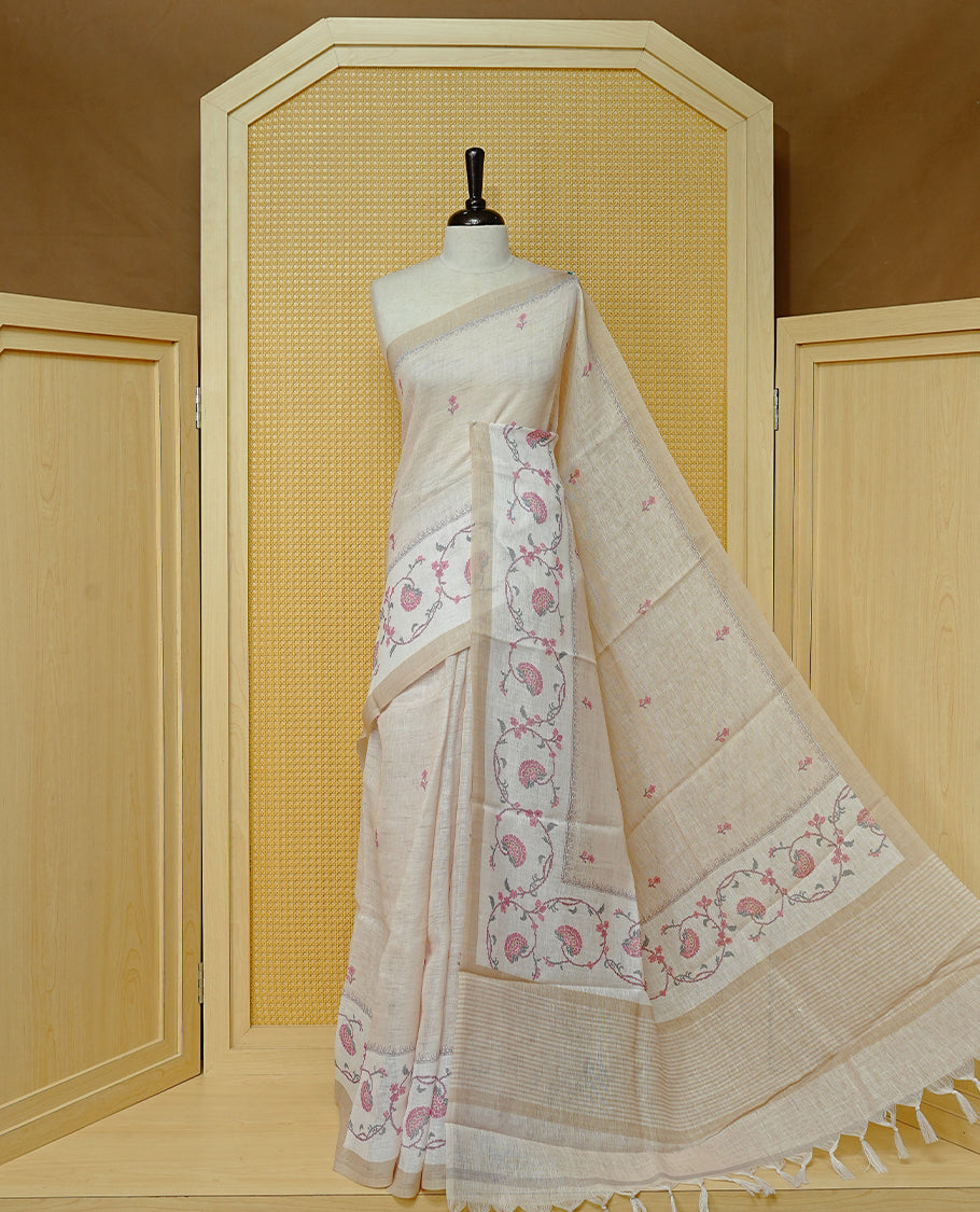 Cream colour semi linen saree featuring Floral printed buttas on body, complemented by contrast Pale Yellow colour border, comes with matching blouse piece.