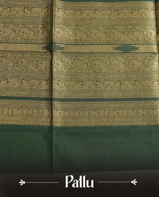 Green colour chettinad cotton saree Featuring Gold zari Strips on body, complemented by contrast Maroon colour with zari border, comes with matching blouse piece.