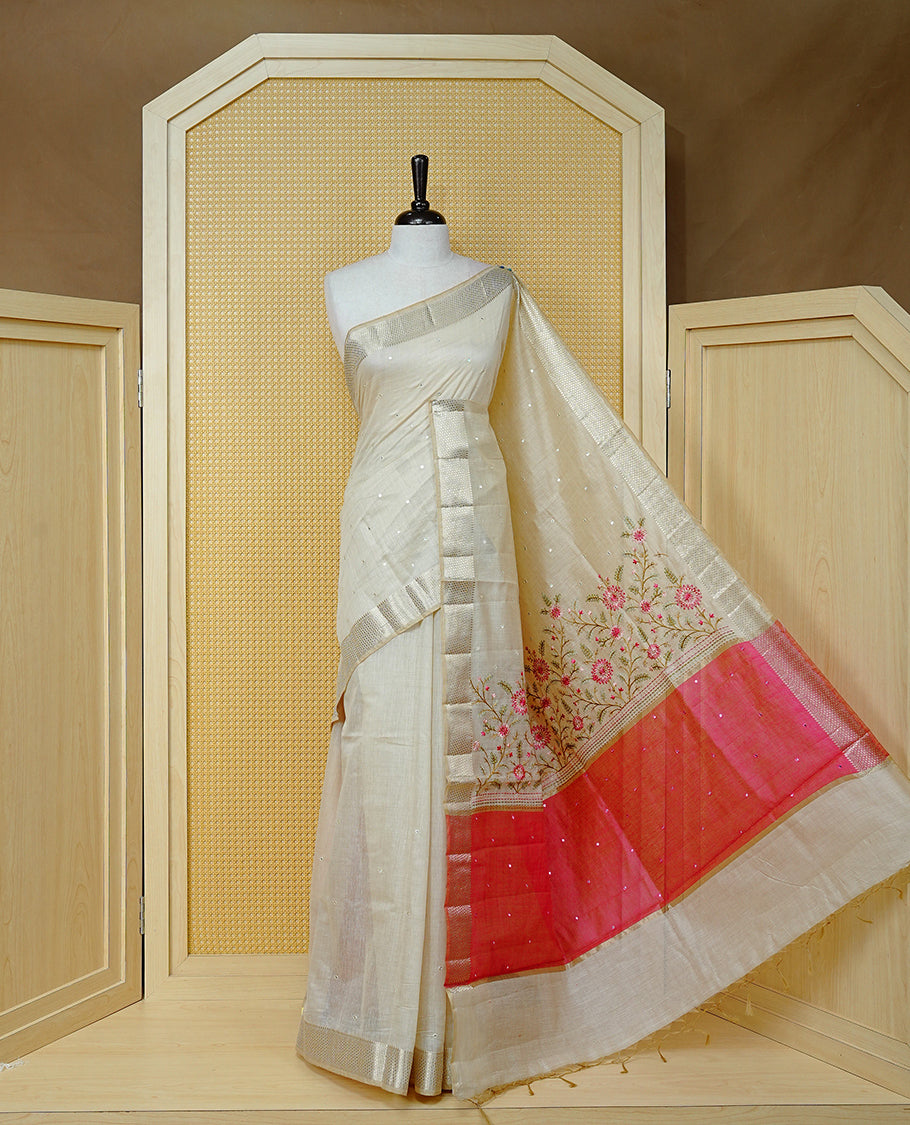Cream Colour Tussar Kerala Saree Featuring Elegant Mirror Work on the Body, Enhanced with a Light Gold Zari Border, Floral Thread Work, and a Pink & Gold Zari Pallu, Paired with a Matching Blouse Piece
