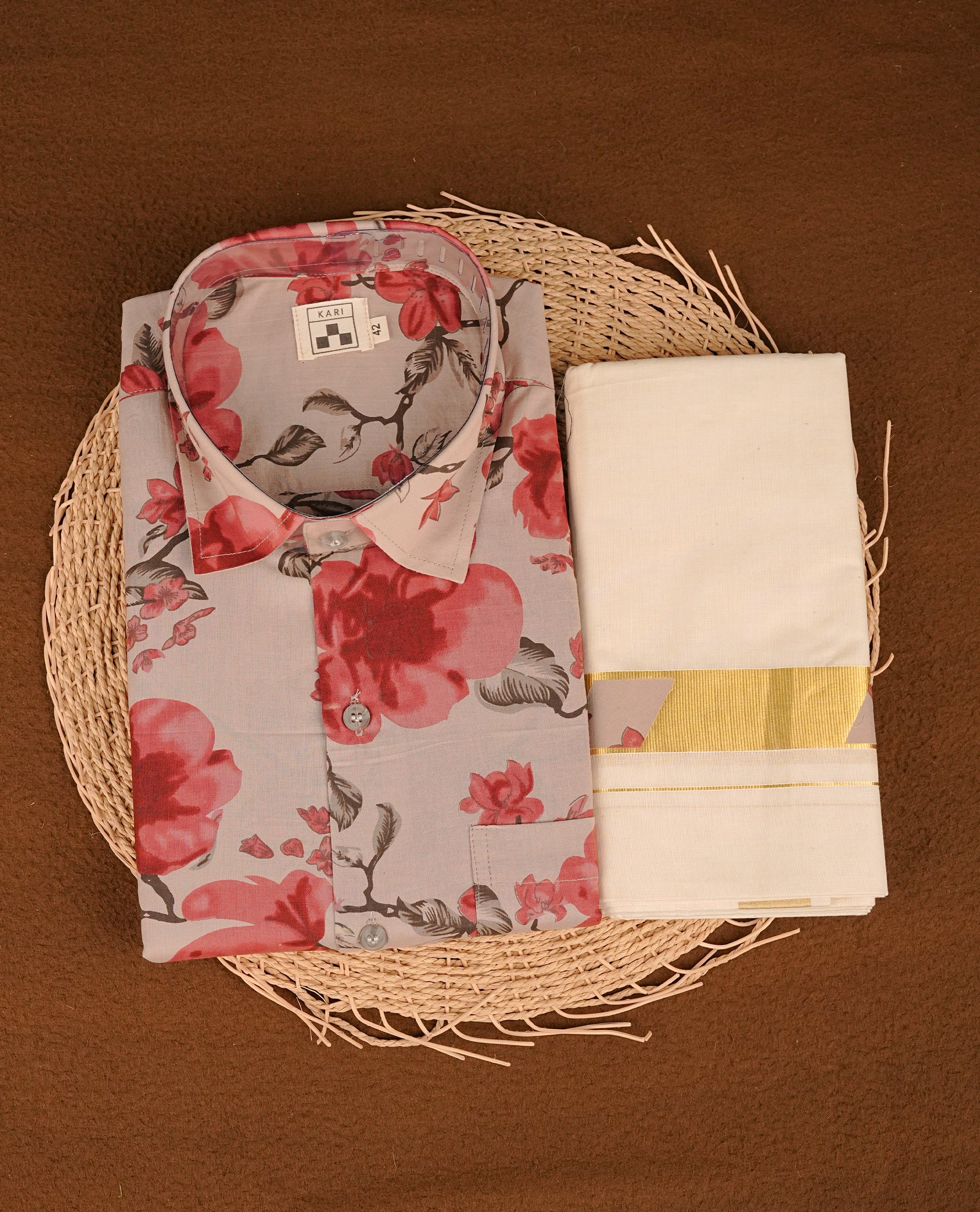 Grey colour shirt featuring Floral Pattern printed body, paired with cream colour double dhoti featuring Gold zari with same printed border.