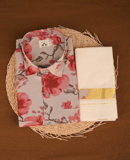Grey colour shirt featuring Floral Pattern printed body, paired with cream colour double dhoti featuring Gold zari with same printed border.