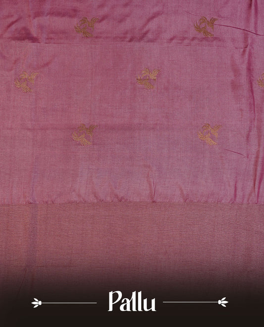 China rose colour semi banaras tussar silk saree highlighting gold zari bird motifs on body, complemented by self colour with antique zari border, paired with matching blouse piece.