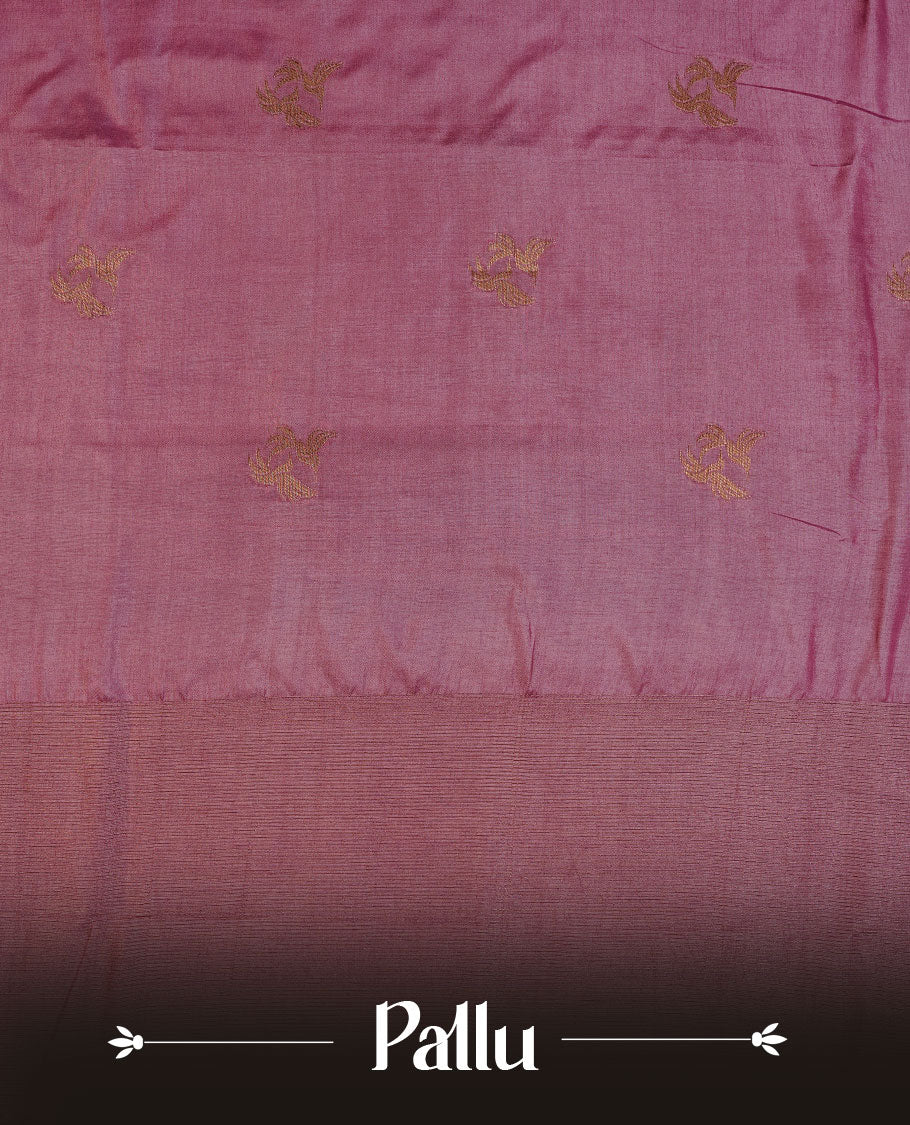 China rose colour semi banaras tussar silk saree highlighting gold zari bird motifs on body, complemented by self colour with antique zari border, paired with matching blouse piece.