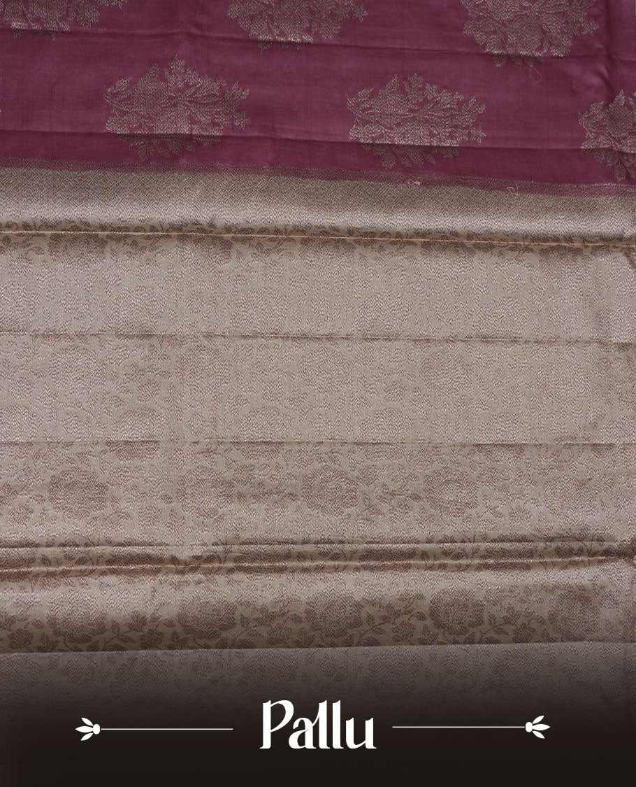 Mauve colour pure banaras tusser silk saree highlighting antique zari pattern across body, with contrast cream colour with zari border and paired with matching blouse